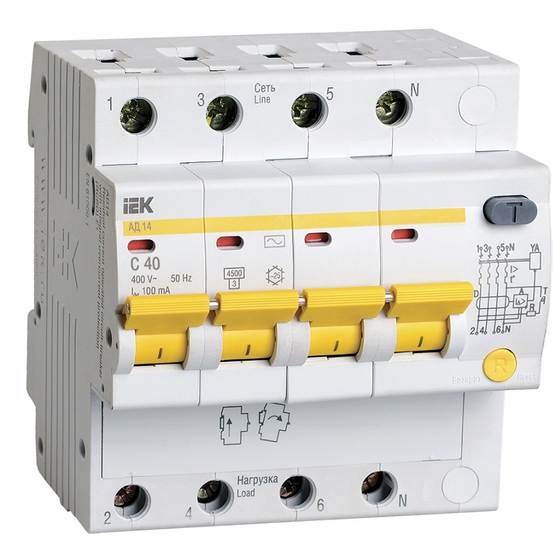 Автомат дифференциального тока АВДТ IEK KARAT АД14 4п 40А 100мА 4,5кА C тип AC